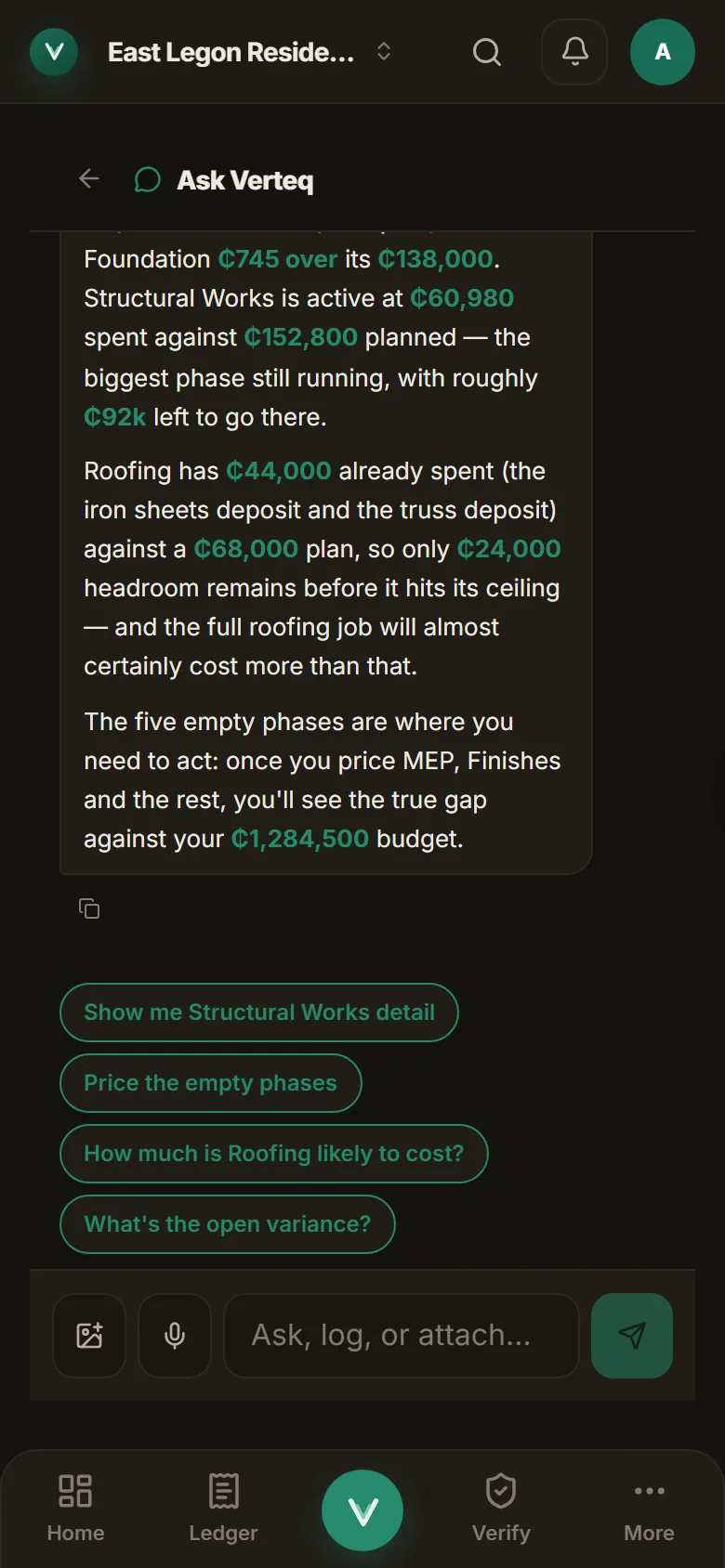 Ask Verteq answering “How's my money?” with phase-by-phase figures and suggested follow-up questions.