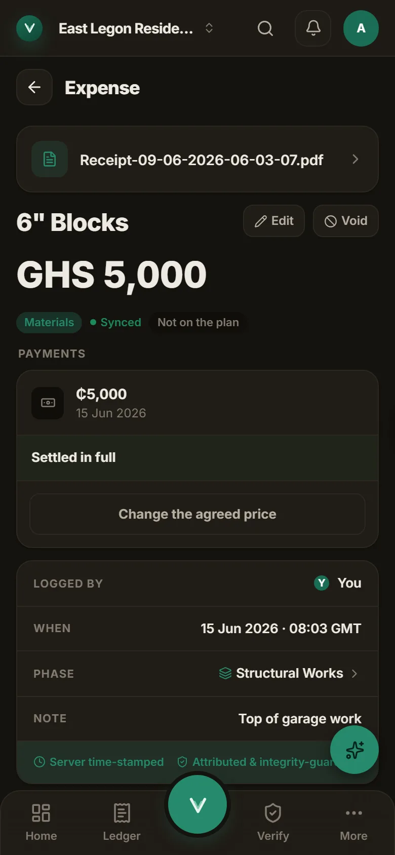 A single cost: 6-inch blocks, GHS 5,000, a PDF receipt attached, one payment settled in full, and the server time-stamp line.