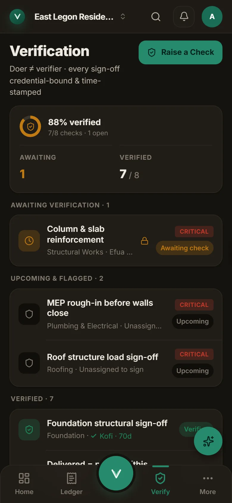 The Verification screen: 88% verified, one check awaiting — Column & slab reinforcement, critical — and two upcoming.